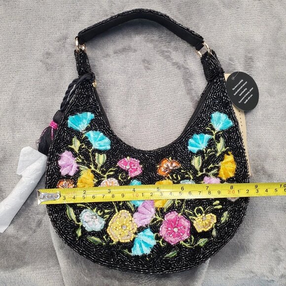 Made In India Floral Beaded Embellished Shoulder Bag Black Multi NWT Viral Boho - Picture 5 of 16